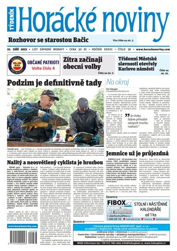 Obálka e-magazínu Horácké Noviny Čtvrtek 22.9.2022 č. 038