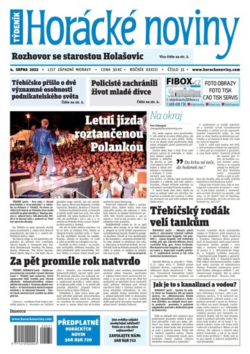 Obálka e-magazínu Horácké Noviny Čtvrtek 4.8.2022 č. 031