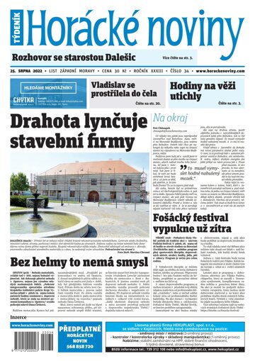 Obálka e-magazínu Horácké Noviny Čtvrtek 25.8.2022 č. 034