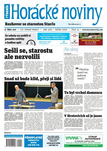 Obálka e-magazínu Horácké Noviny Čtvrtek 27.10.2022 č. 043