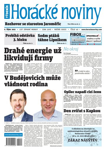 Obálka e-magazínu Horácké Noviny Čtvrtek 6.10.2022 č. 040