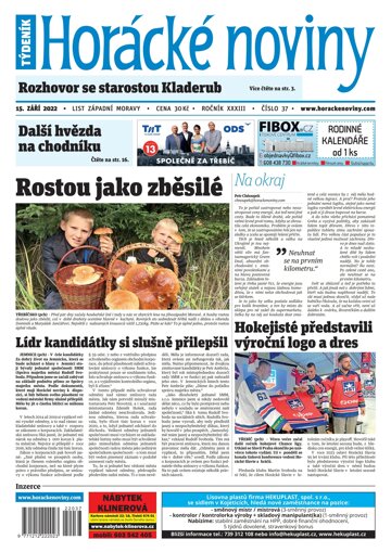 Obálka e-magazínu Horácké Noviny Čtvrtek 15.9.2022 č. 037