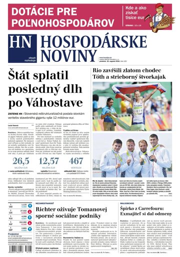 Obálka e-magazínu Hospodárske noviny 22.08.2016